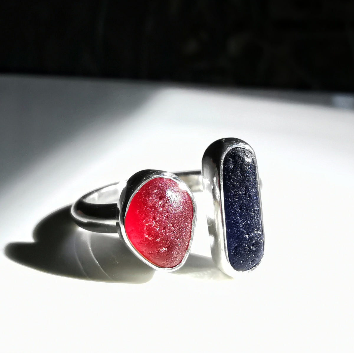 Seaham red and blue sea glass adjustable silver ring.