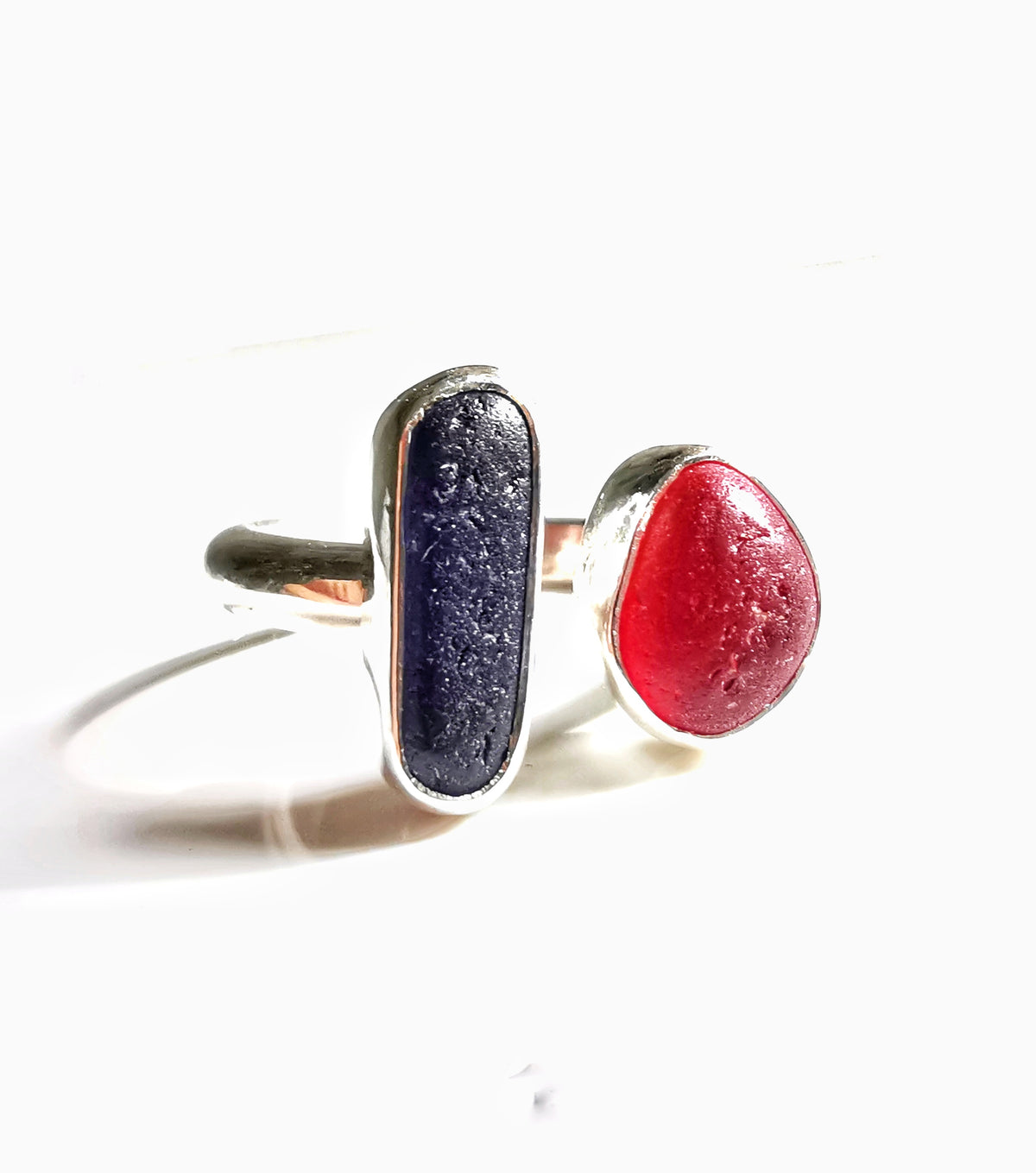 Seaham red and blue sea glass adjustable silver ring.