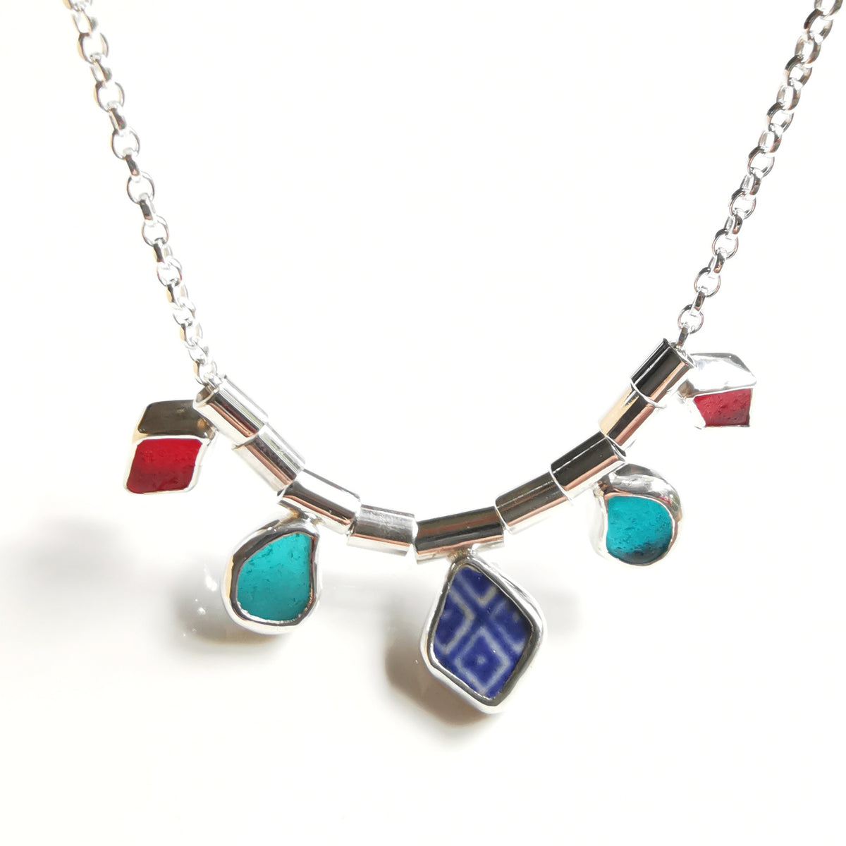 Genuine sea glass and sea pottery, sterling silver necklace.