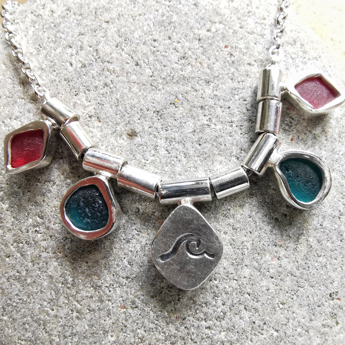 Genuine sea glass and sea pottery, sterling silver necklace.