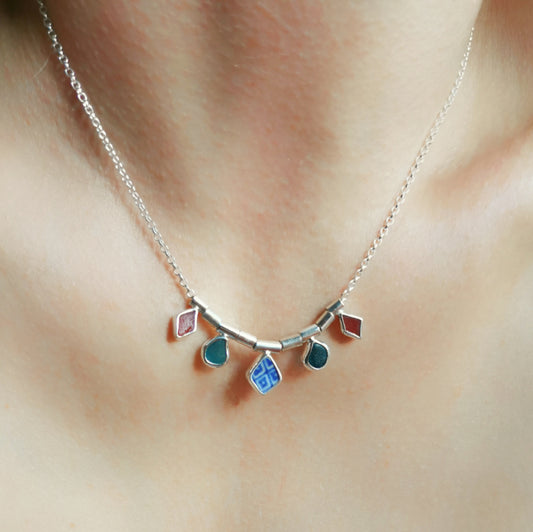 Genuine sea glass and sea pottery, sterling silver necklace.