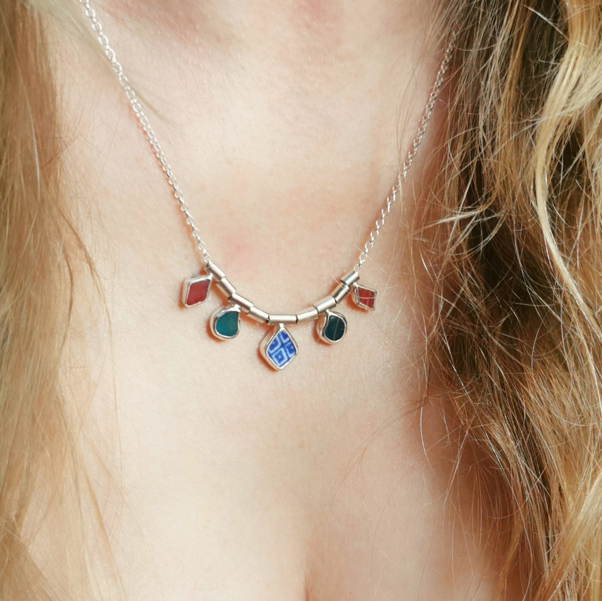 Genuine sea glass and sea pottery, sterling silver necklace.