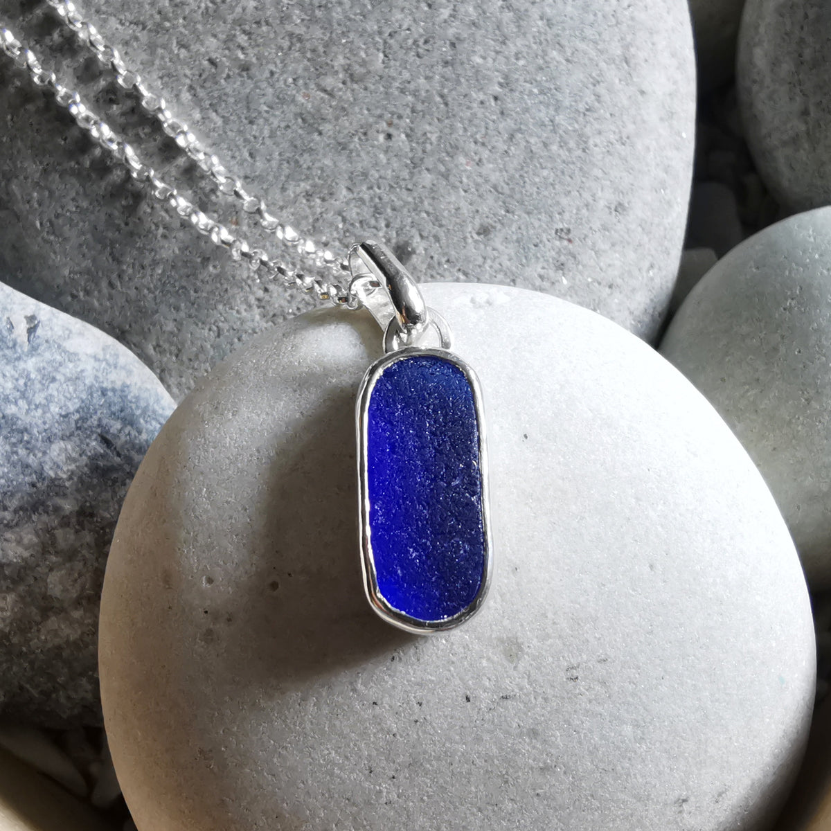 Scottish cobalt blue 'vitamin sea' sea glass & sterling silver pendant.