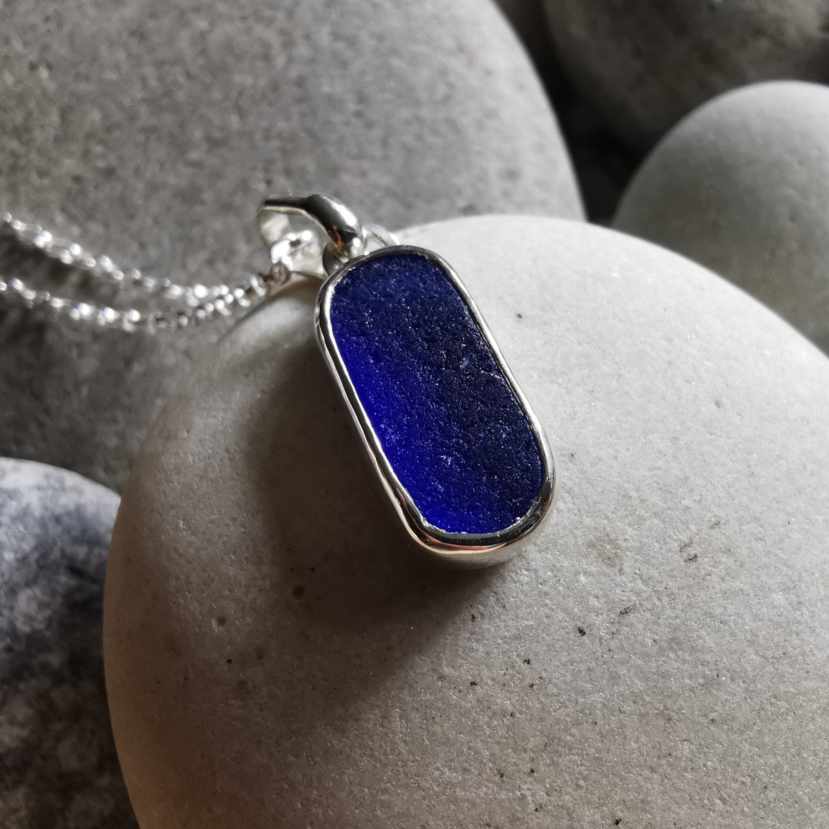 Scottish cobalt blue 'vitamin sea' sea glass & sterling silver pendant.