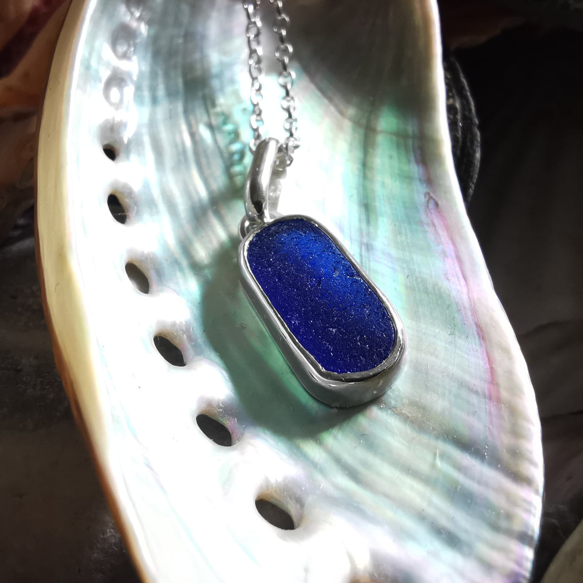Scottish cobalt blue 'vitamin sea' sea glass & sterling silver pendant.