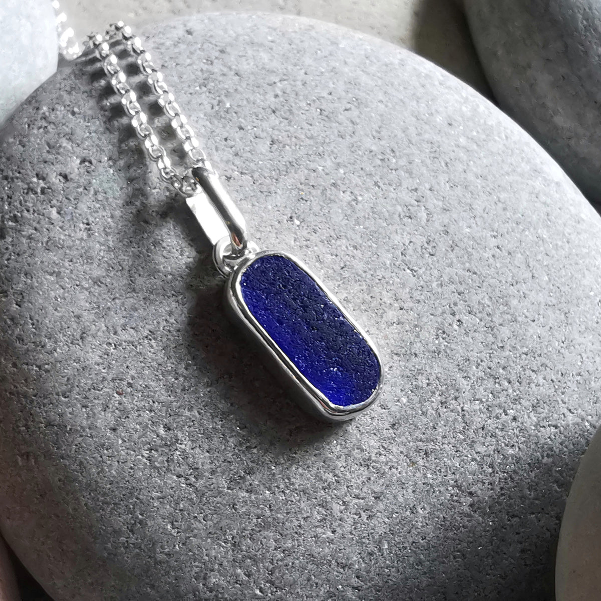 Scottish cobalt blue 'vitamin sea' sea glass & sterling silver pendant.