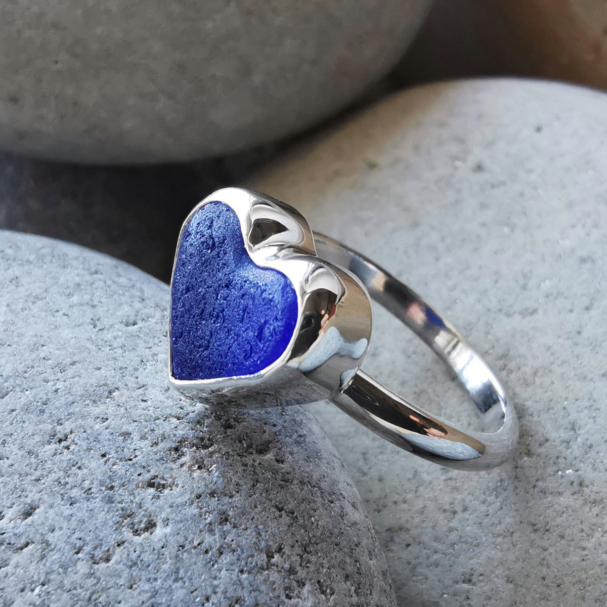 Scottish cobalt blue sea glass heart & sterling silver ring size N/7.