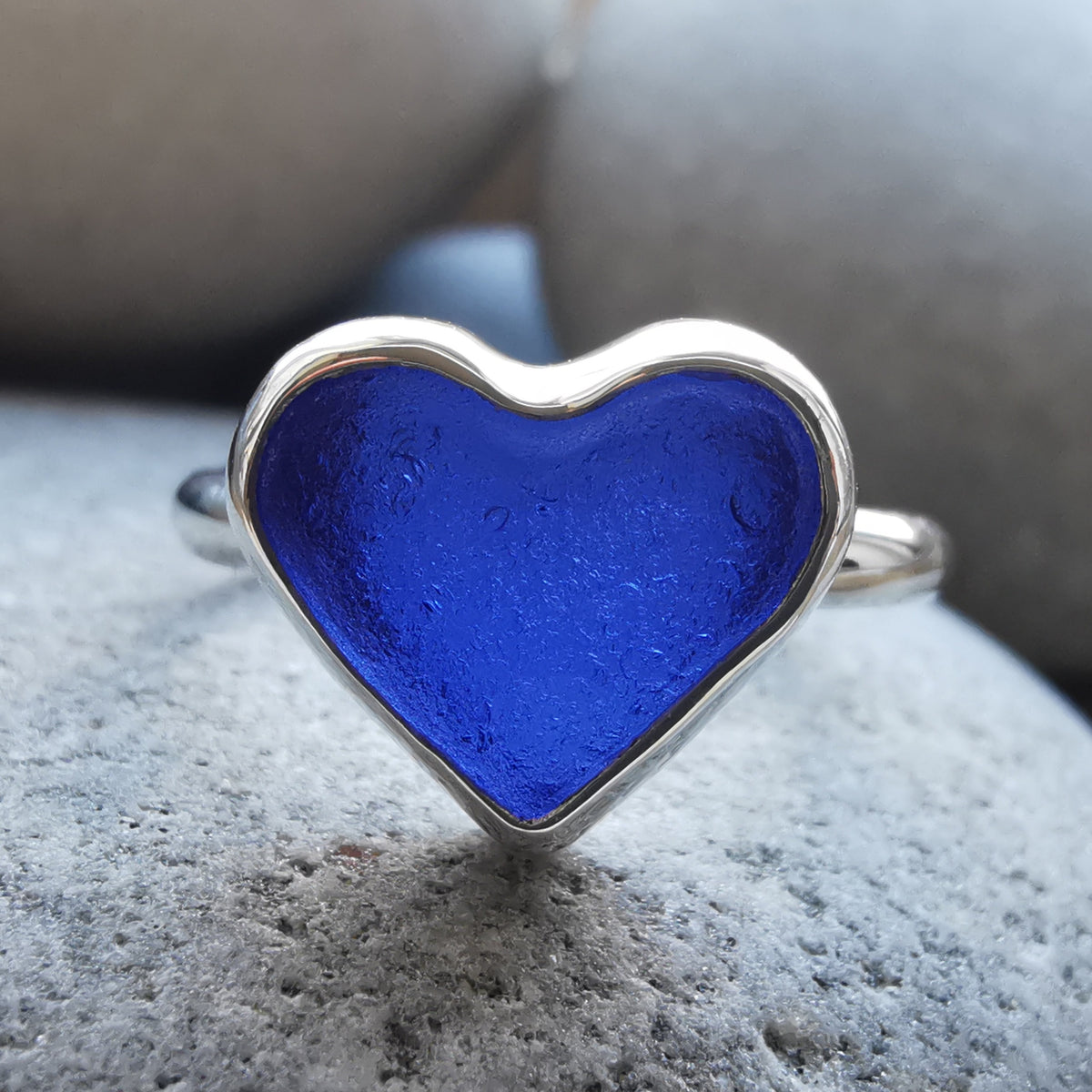 Scottish cobalt blue sea glass heart & sterling silver ring size N/7.