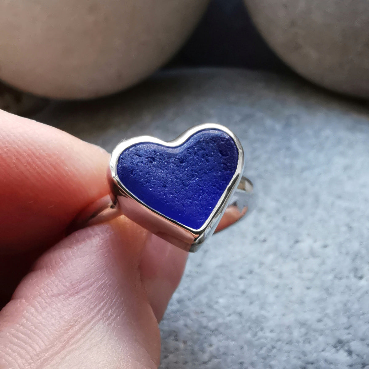 Scottish cobalt blue sea glass heart & sterling silver ring size N/7.