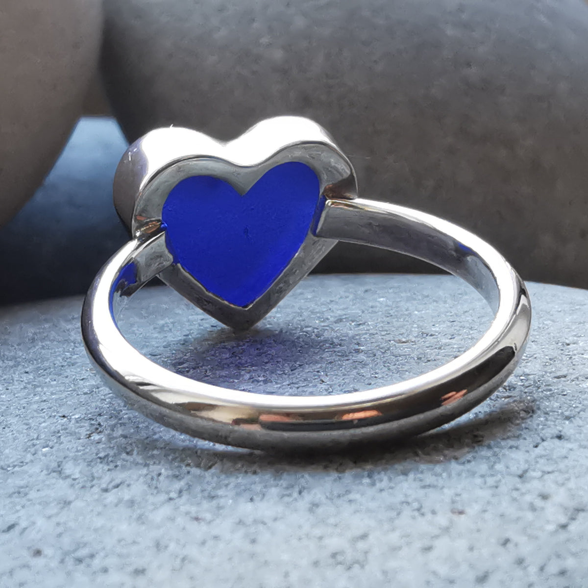 Scottish cobalt blue sea glass heart & sterling silver ring size N/7.