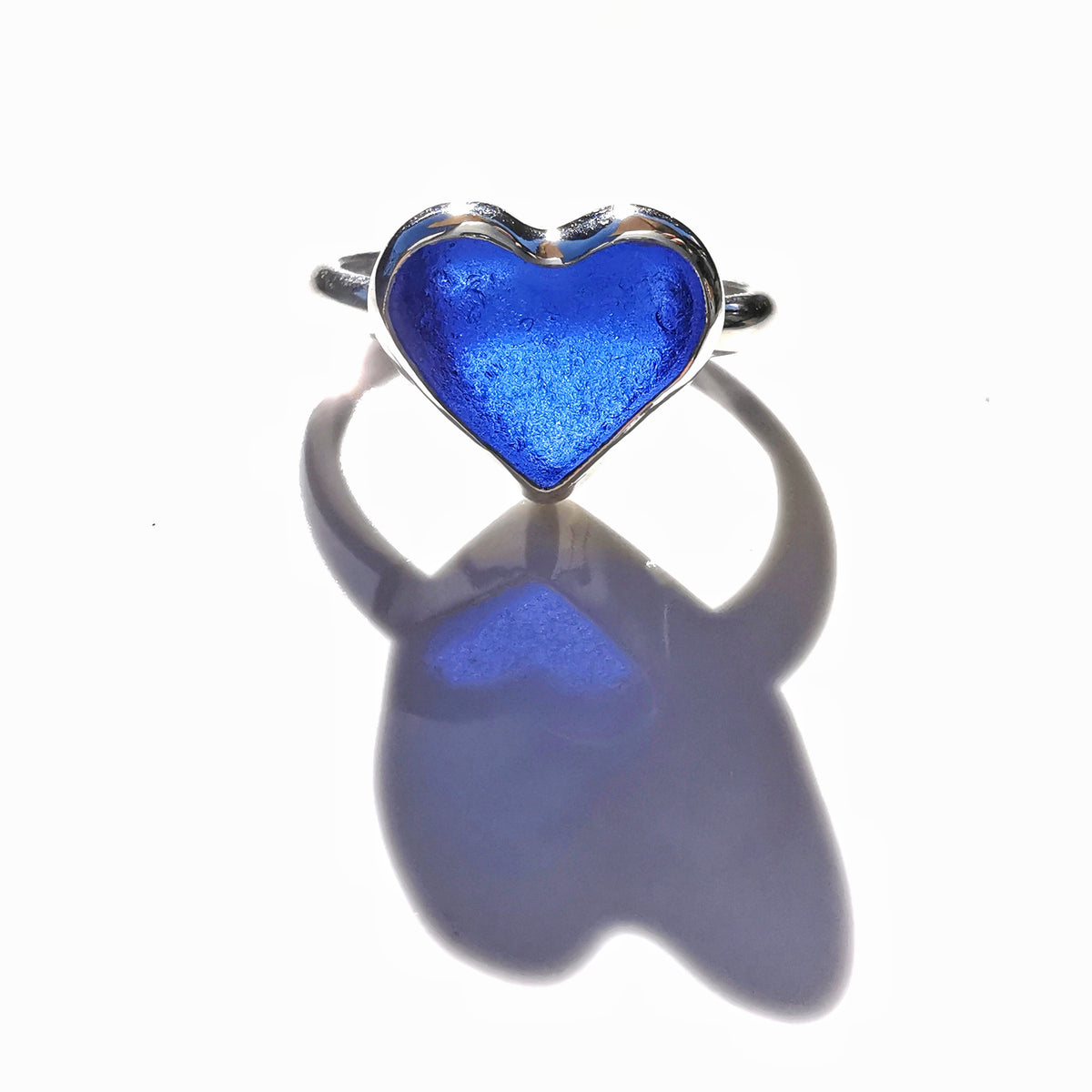 Scottish cobalt blue sea glass heart & sterling silver ring size N/7.