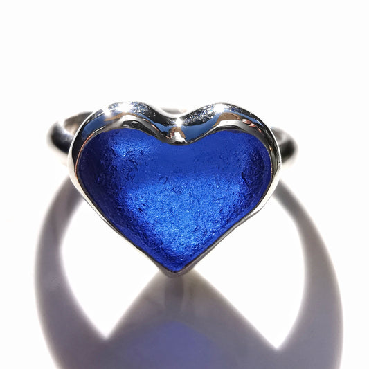Scottish cobalt blue sea glass heart & sterling silver ring size N/7.
