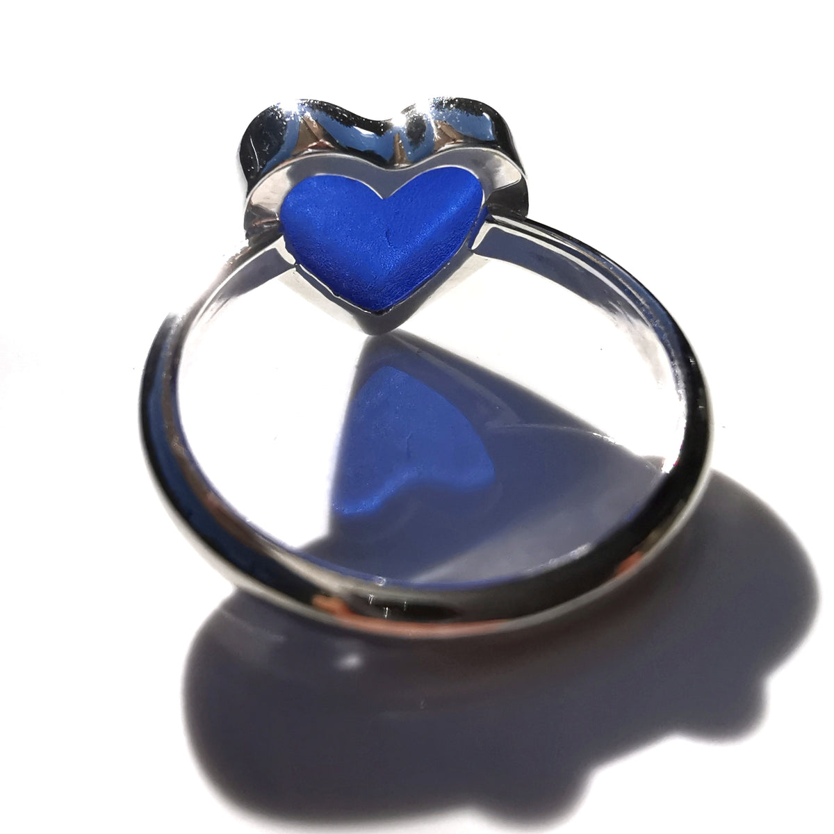 Scottish cobalt blue sea glass heart & sterling silver ring size N/7.
