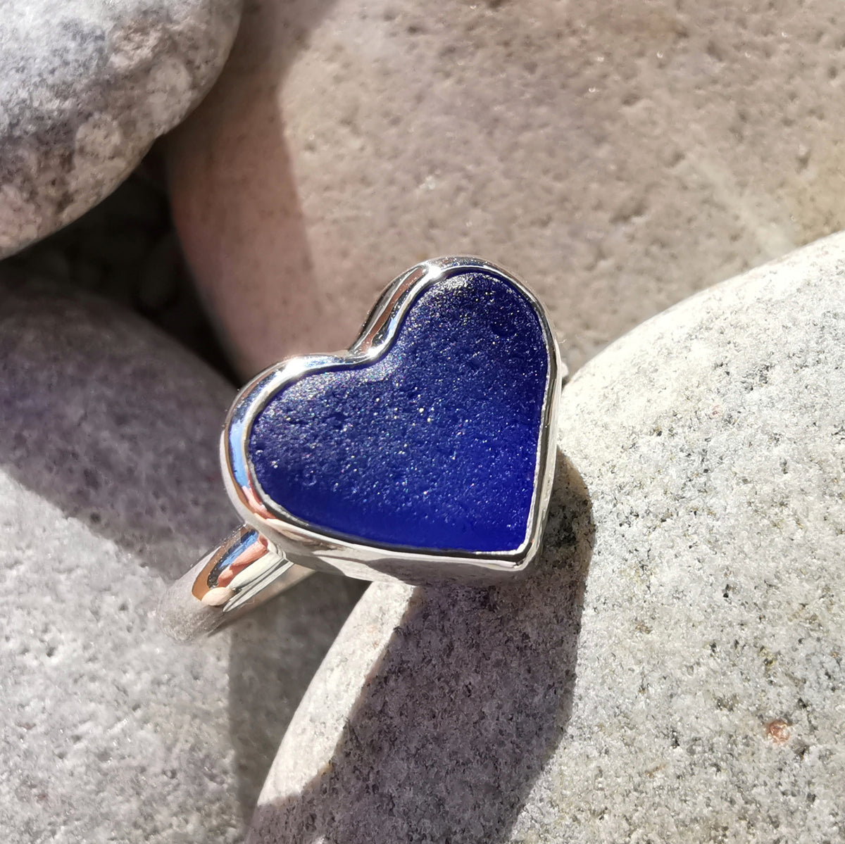 Scottish cobalt blue sea glass heart & sterling silver ring size N/7.
