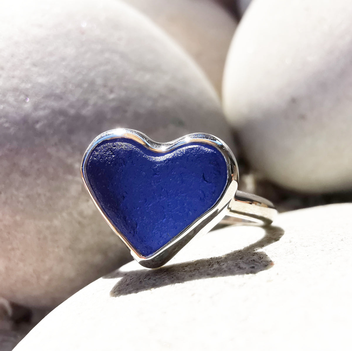 Scottish cobalt blue sea glass heart & sterling silver ring size N/7.