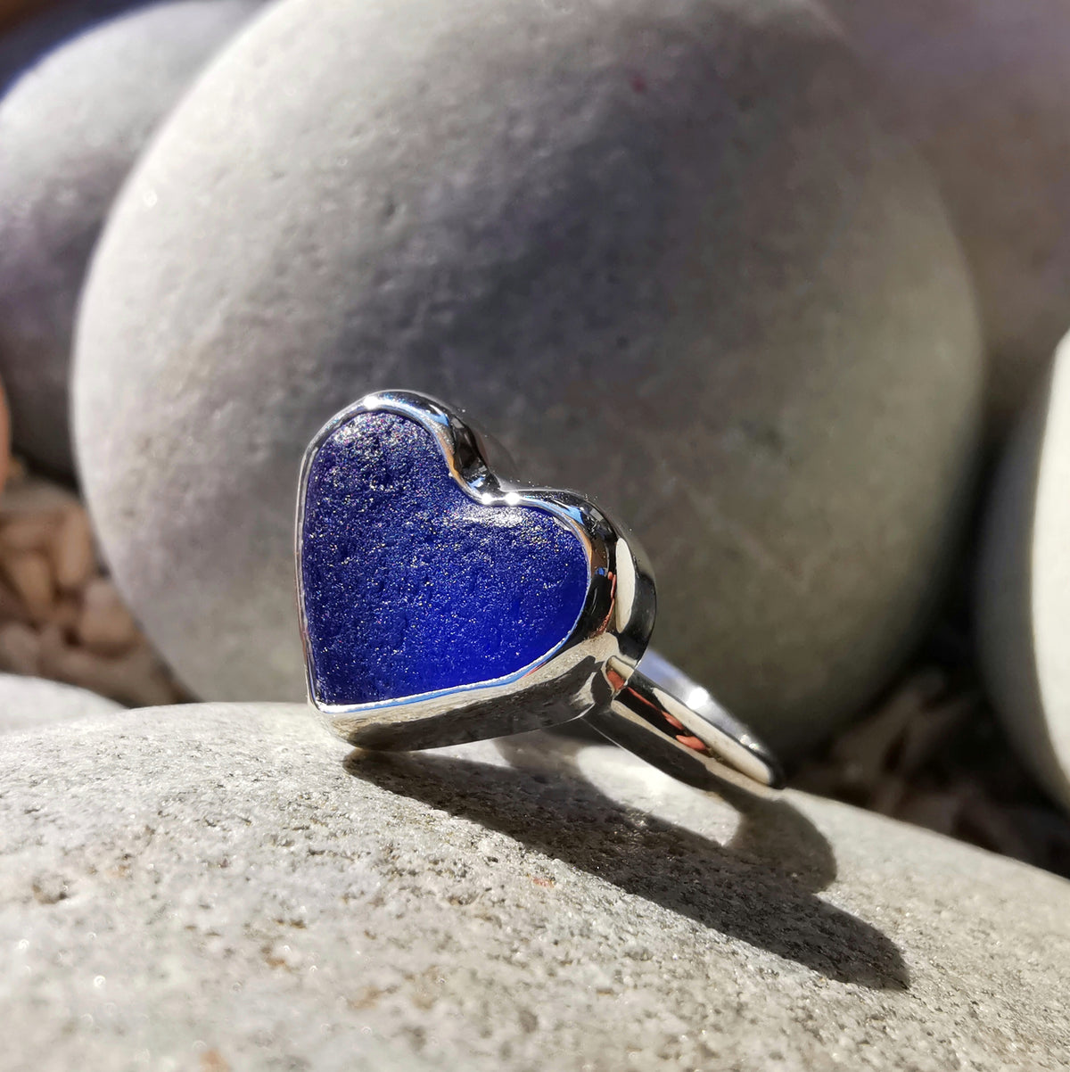 Scottish cobalt blue sea glass heart & sterling silver ring size N/7.