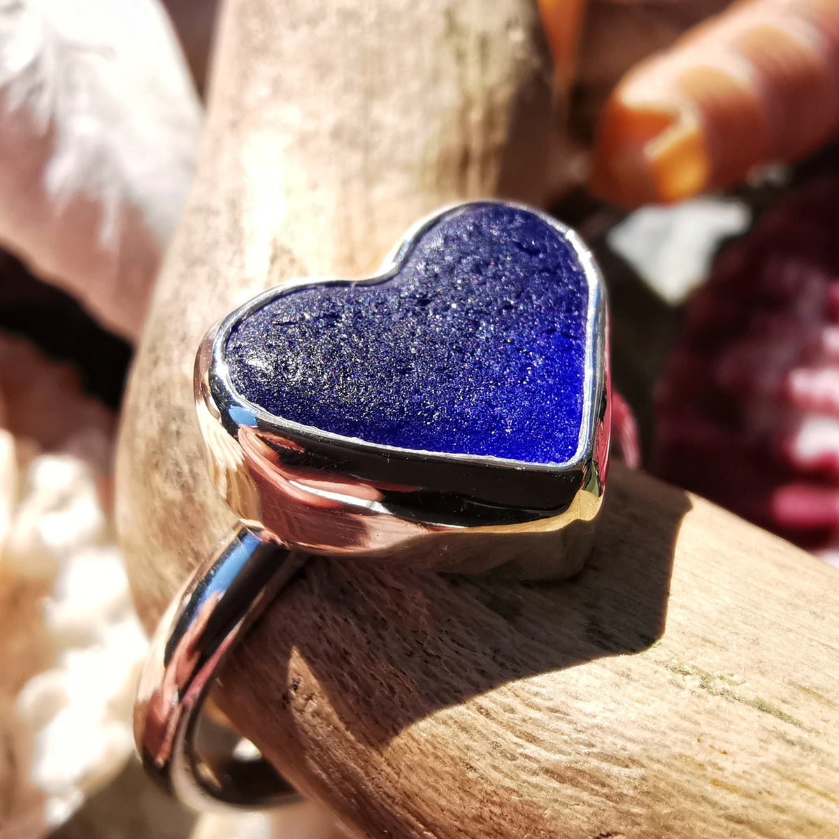 Scottish cobalt blue sea glass heart & sterling silver ring size N/7.