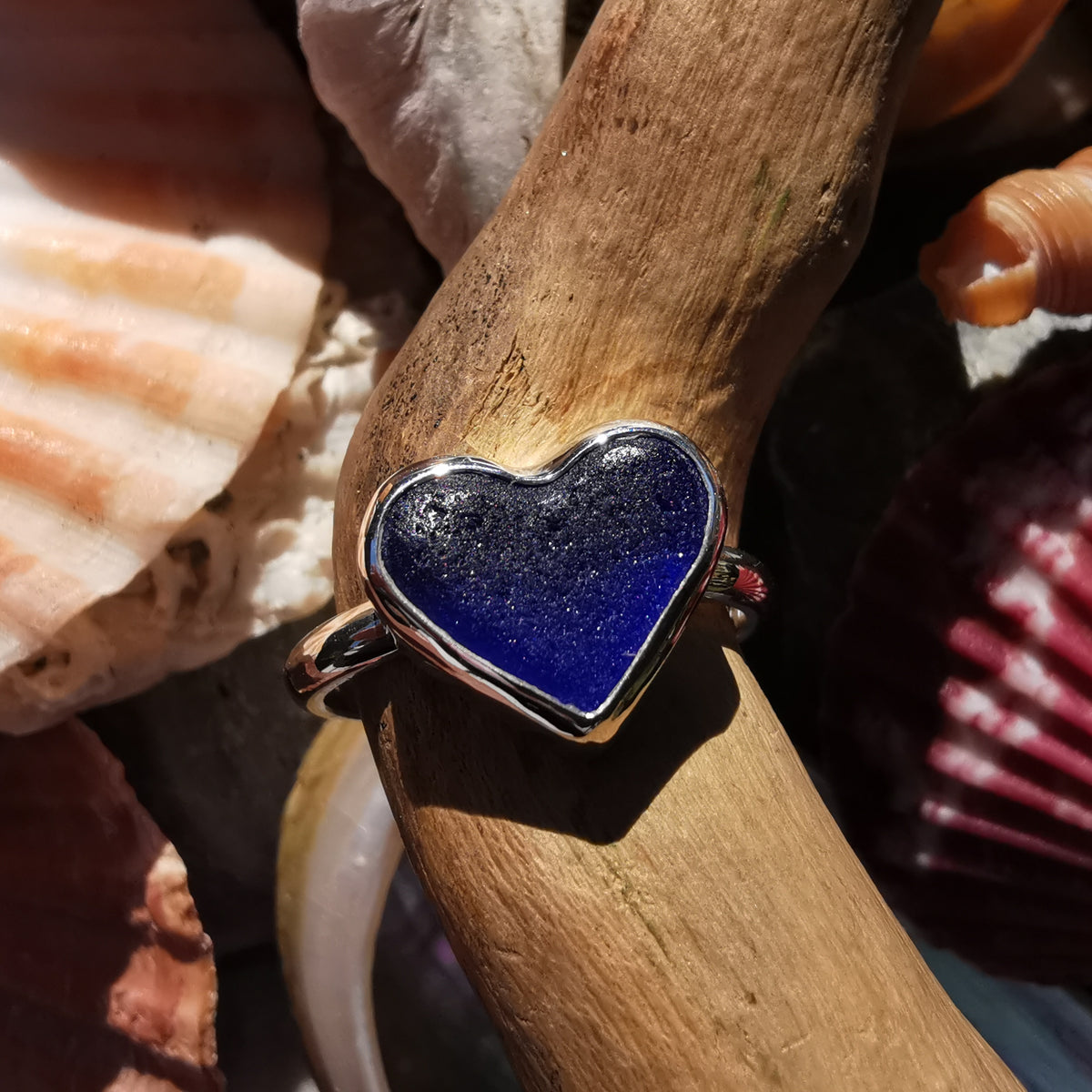 Scottish cobalt blue sea glass heart & sterling silver ring size N/7.