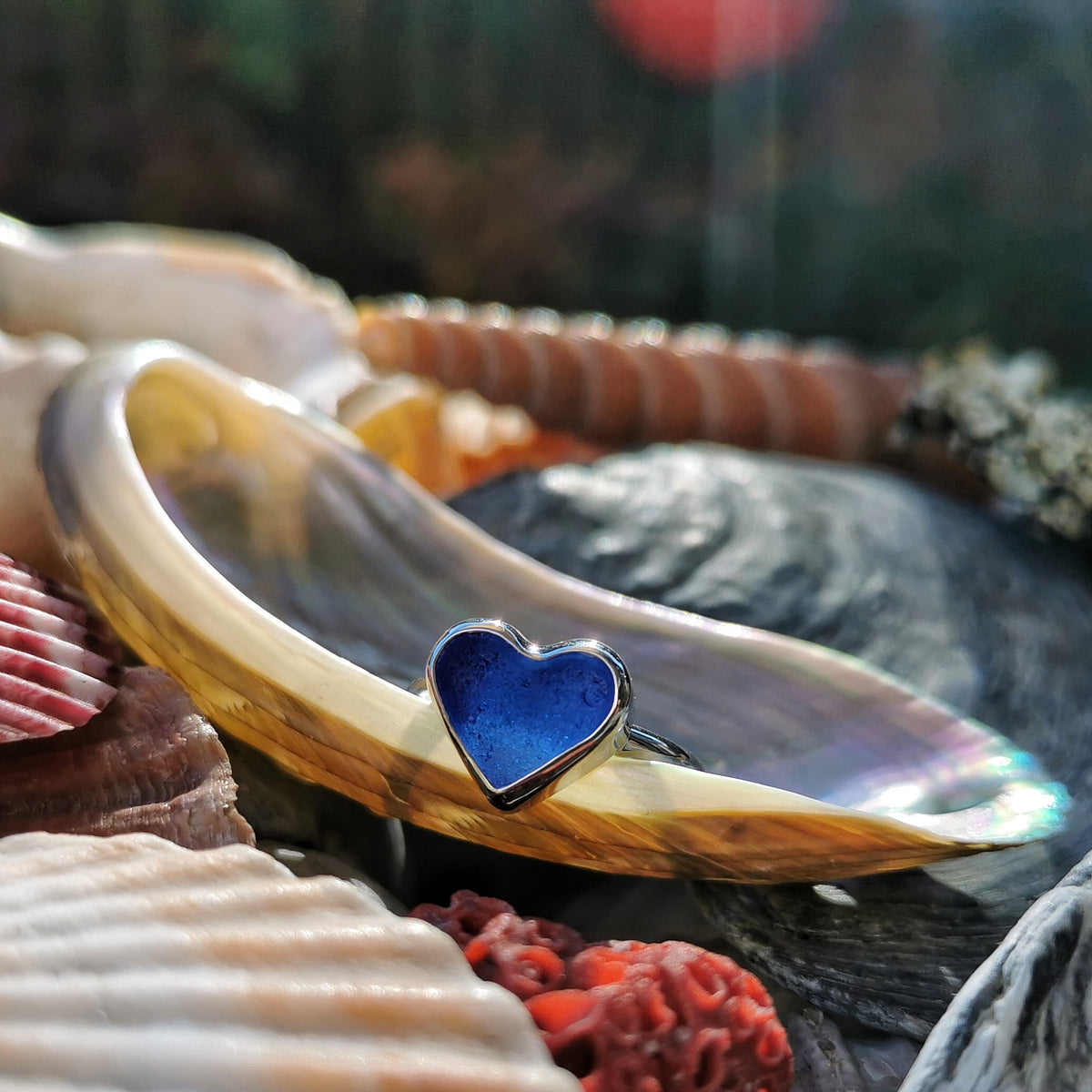 Scottish cobalt blue sea glass heart & sterling silver ring size N/7.
