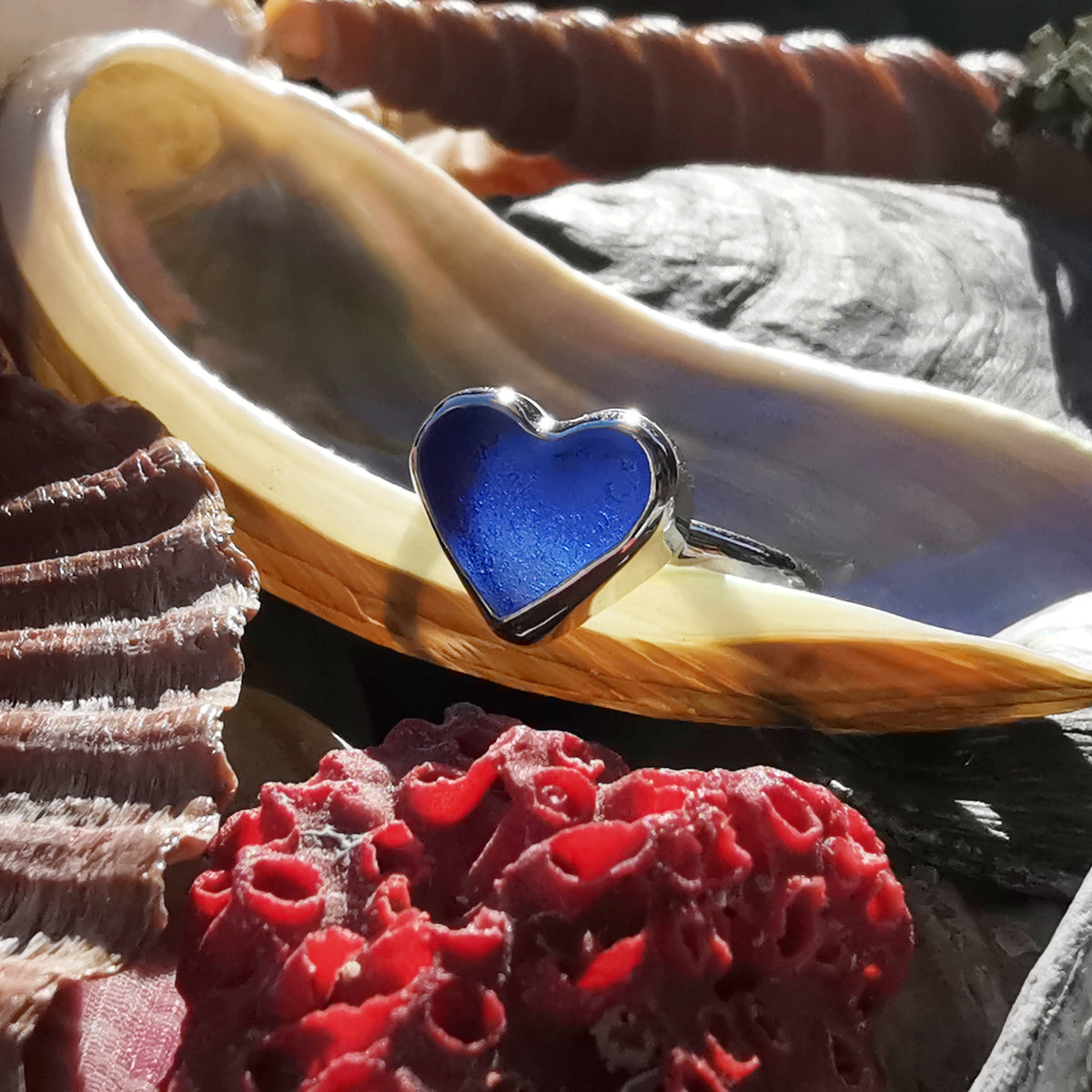 Scottish cobalt blue sea glass heart & sterling silver ring size N/7.