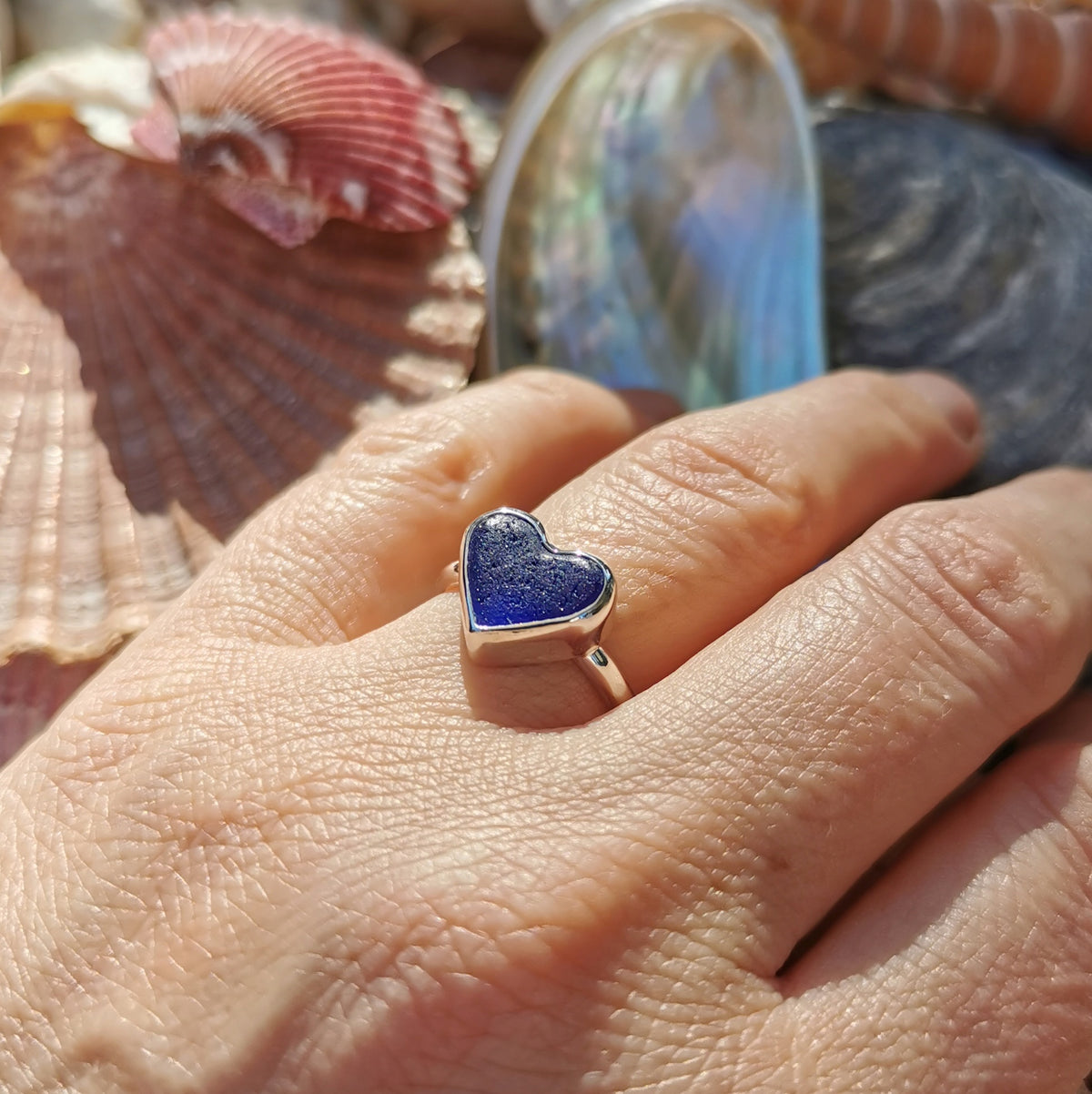 Scottish cobalt blue sea glass heart & sterling silver ring size N/7.