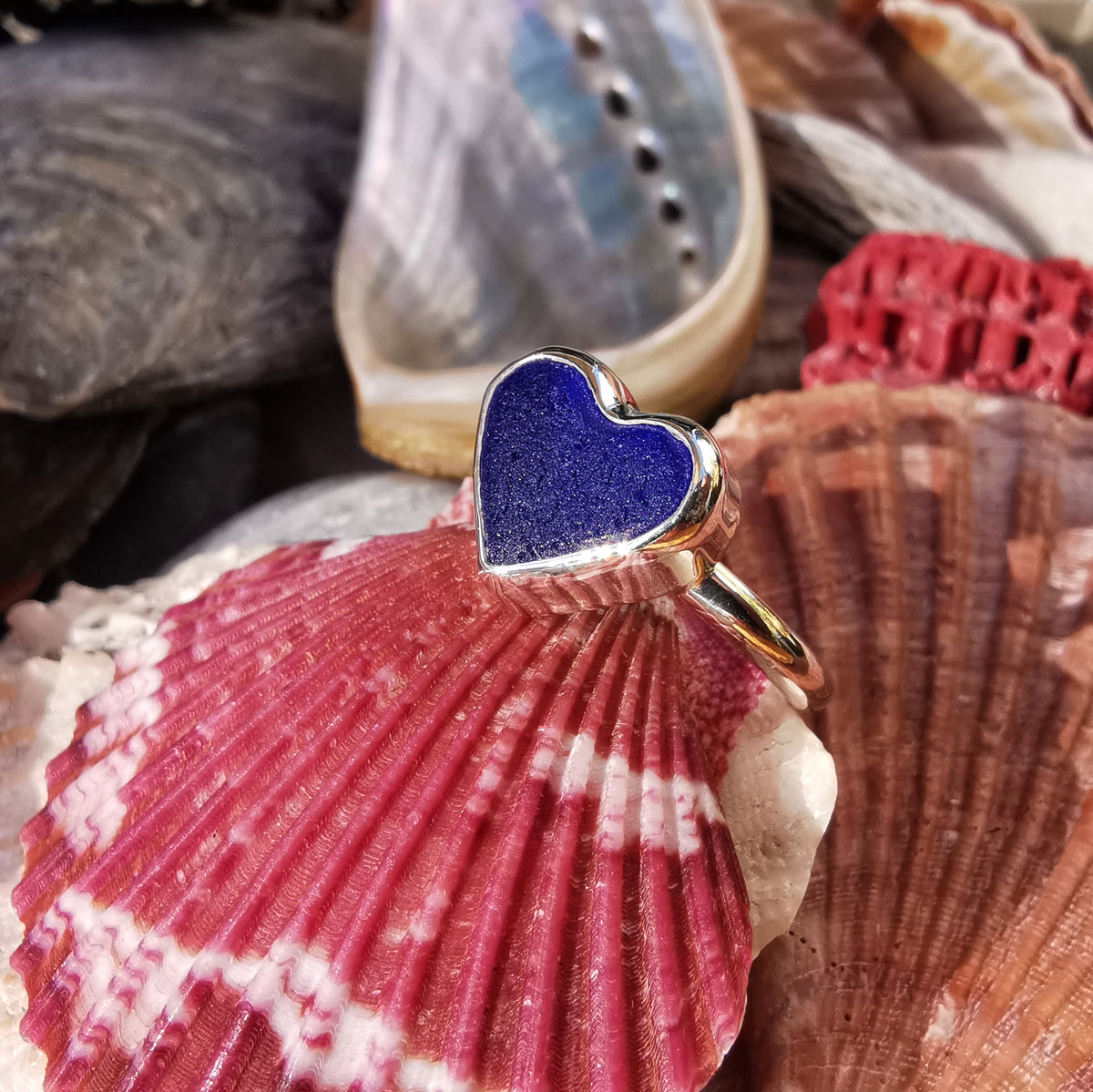Scottish cobalt blue sea glass heart & sterling silver ring size N/7.