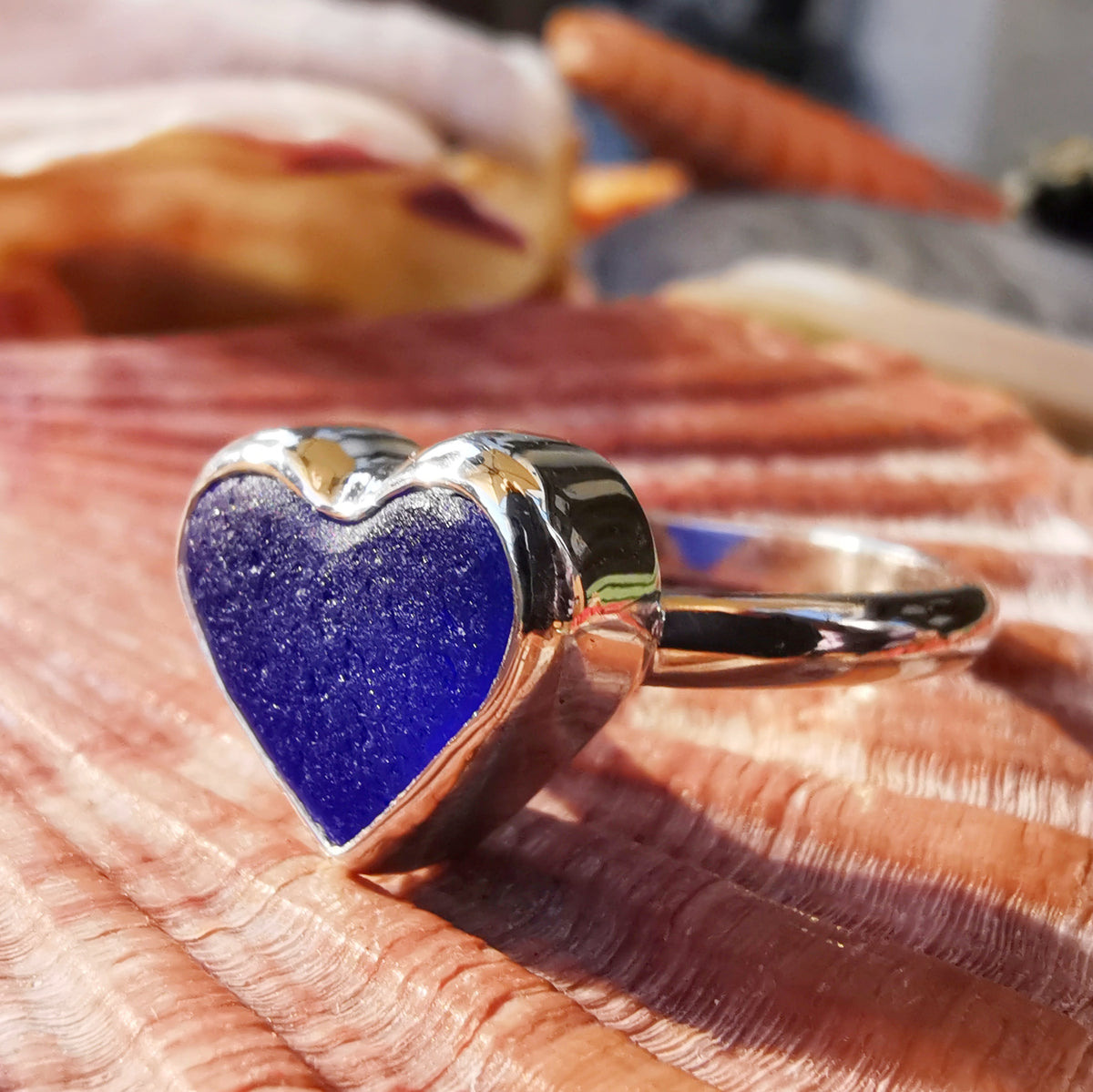 Scottish cobalt blue sea glass heart & sterling silver ring size N/7.