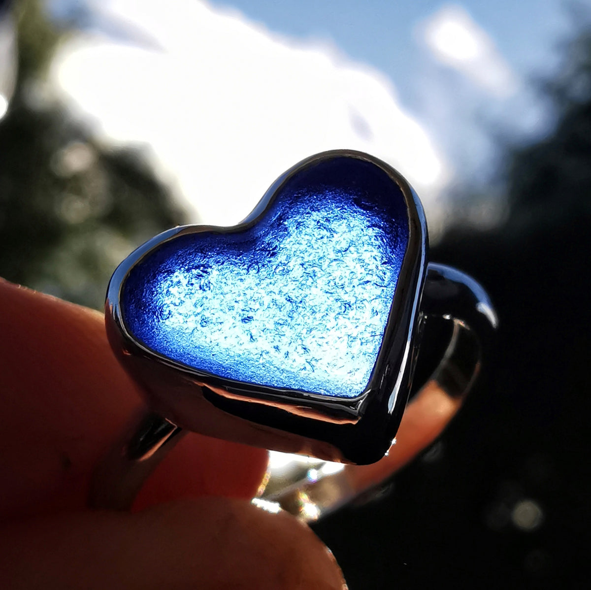 Scottish cobalt blue sea glass heart & sterling silver ring size N/7.