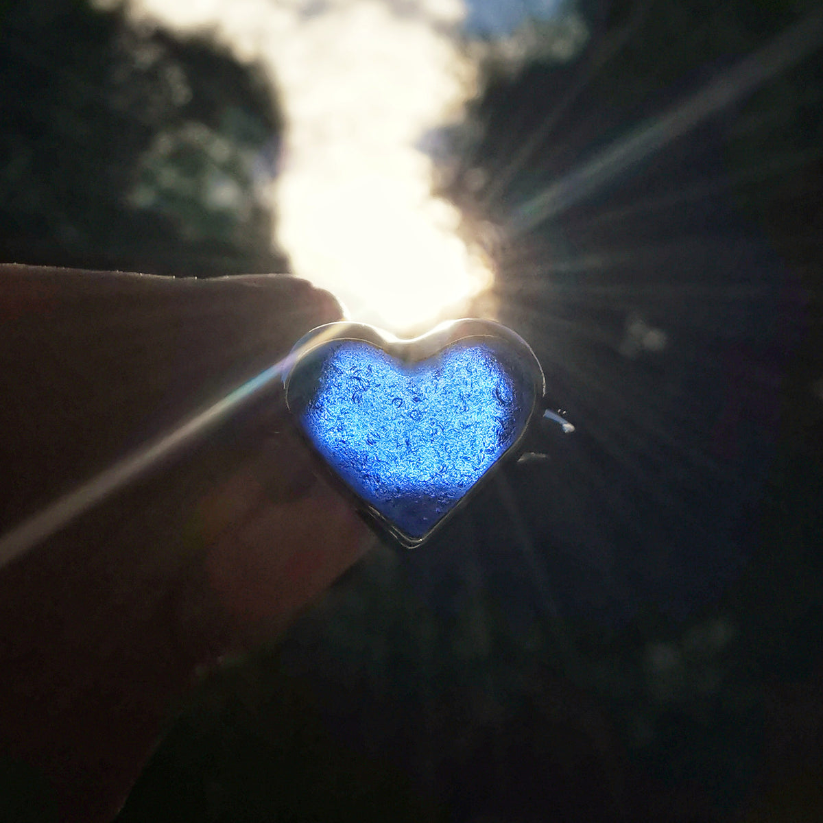 Scottish cobalt blue sea glass heart & sterling silver ring size N/7.