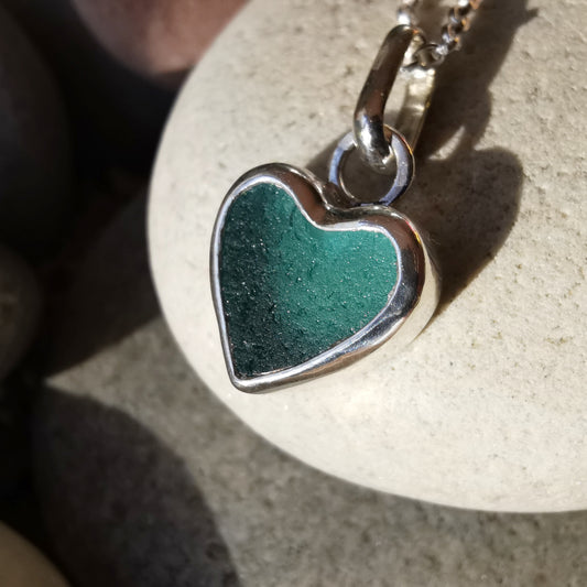 Scottish teal sea glass heart & sterling silver pendant.