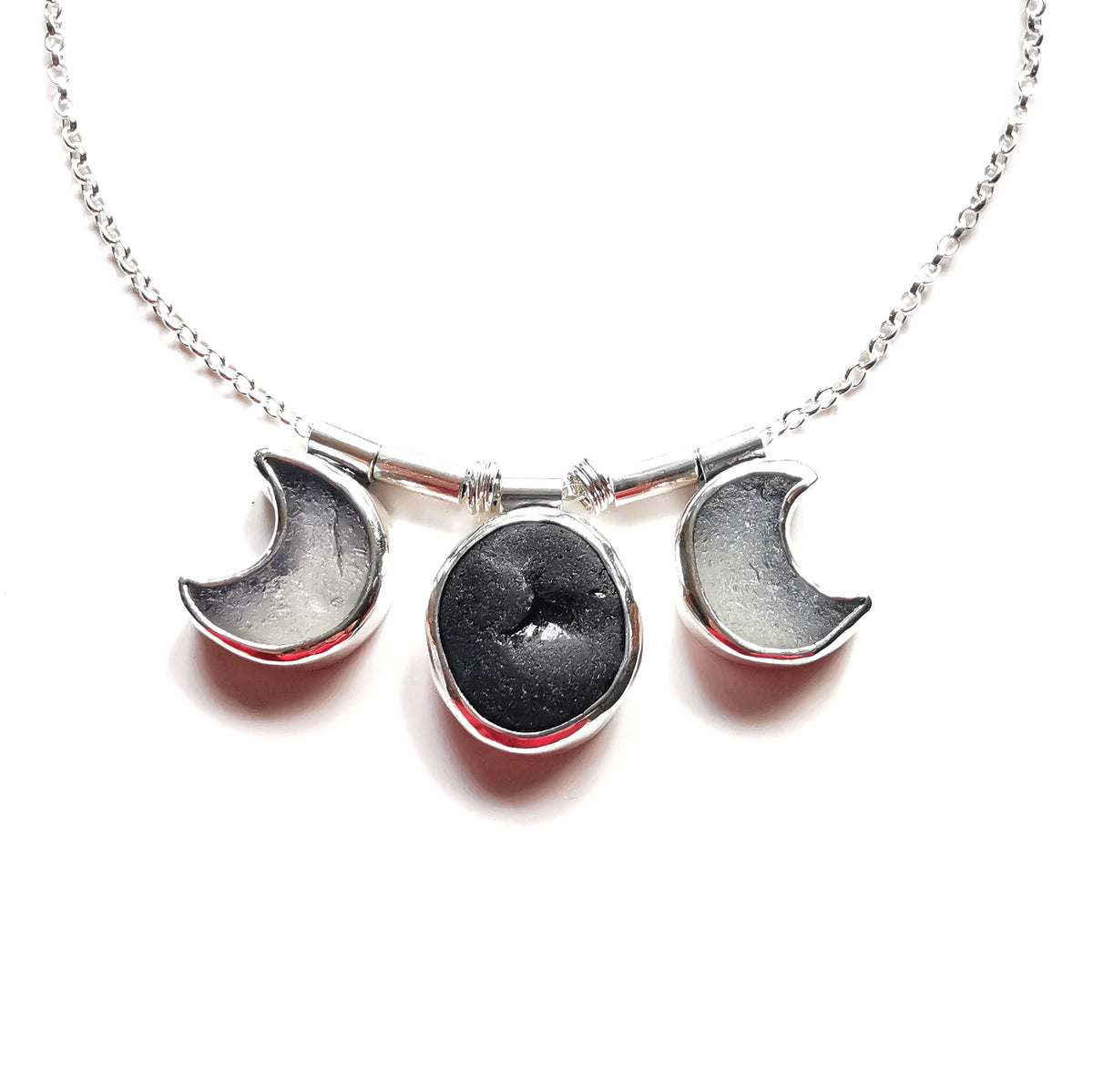Genuine black and opalescent moon sea glass & sterling silver necklace.