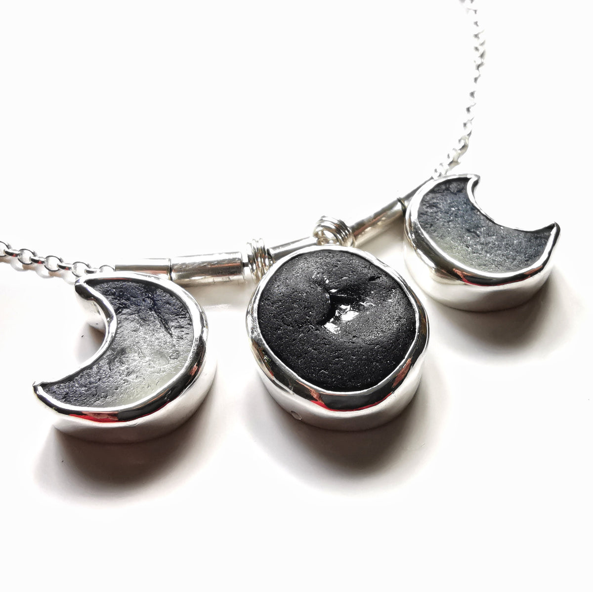 Genuine black and opalescent moon sea glass & sterling silver necklace.