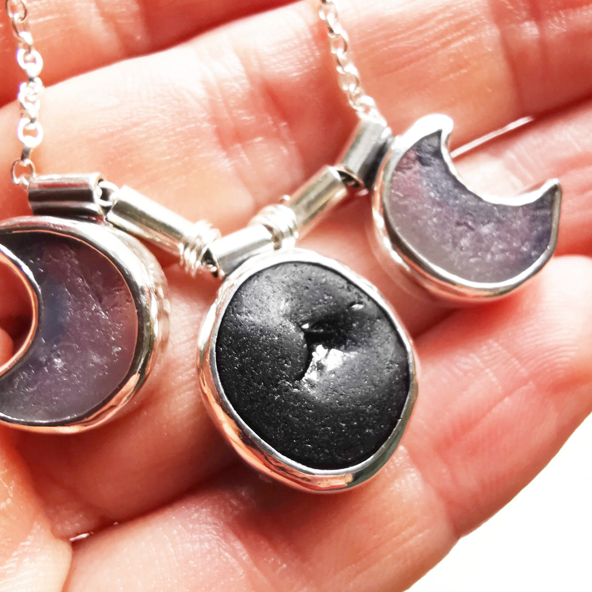 Genuine black and opalescent moon sea glass & sterling silver necklace.