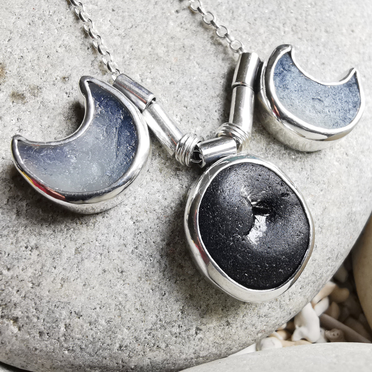 Genuine black and opalescent moon sea glass & sterling silver necklace.