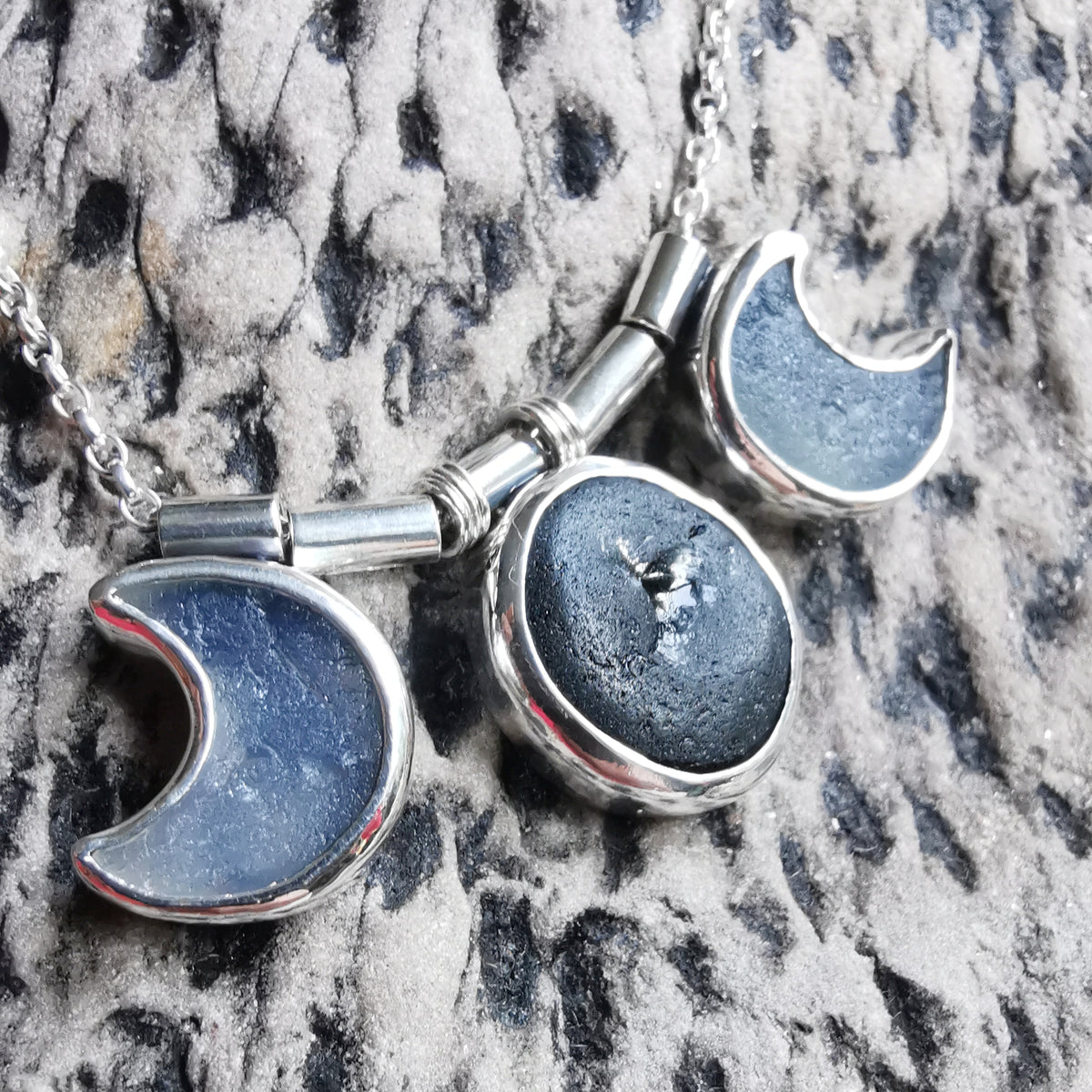 Genuine black and opalescent moon sea glass & sterling silver necklace.