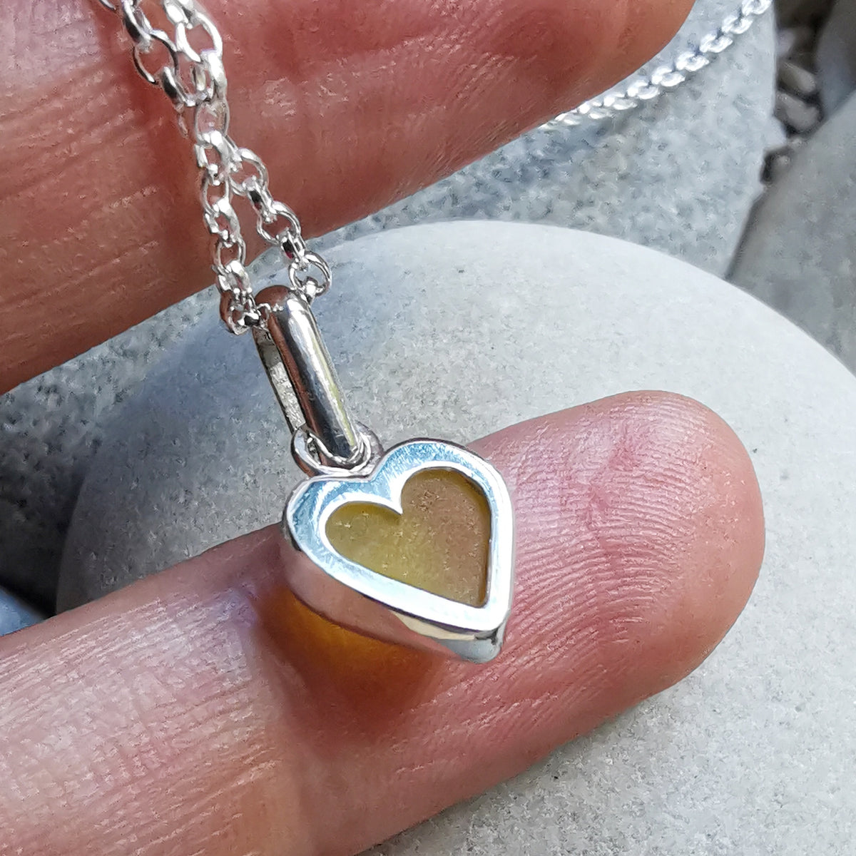 Scottish yellow sea glass heart & sterling silver pendant.