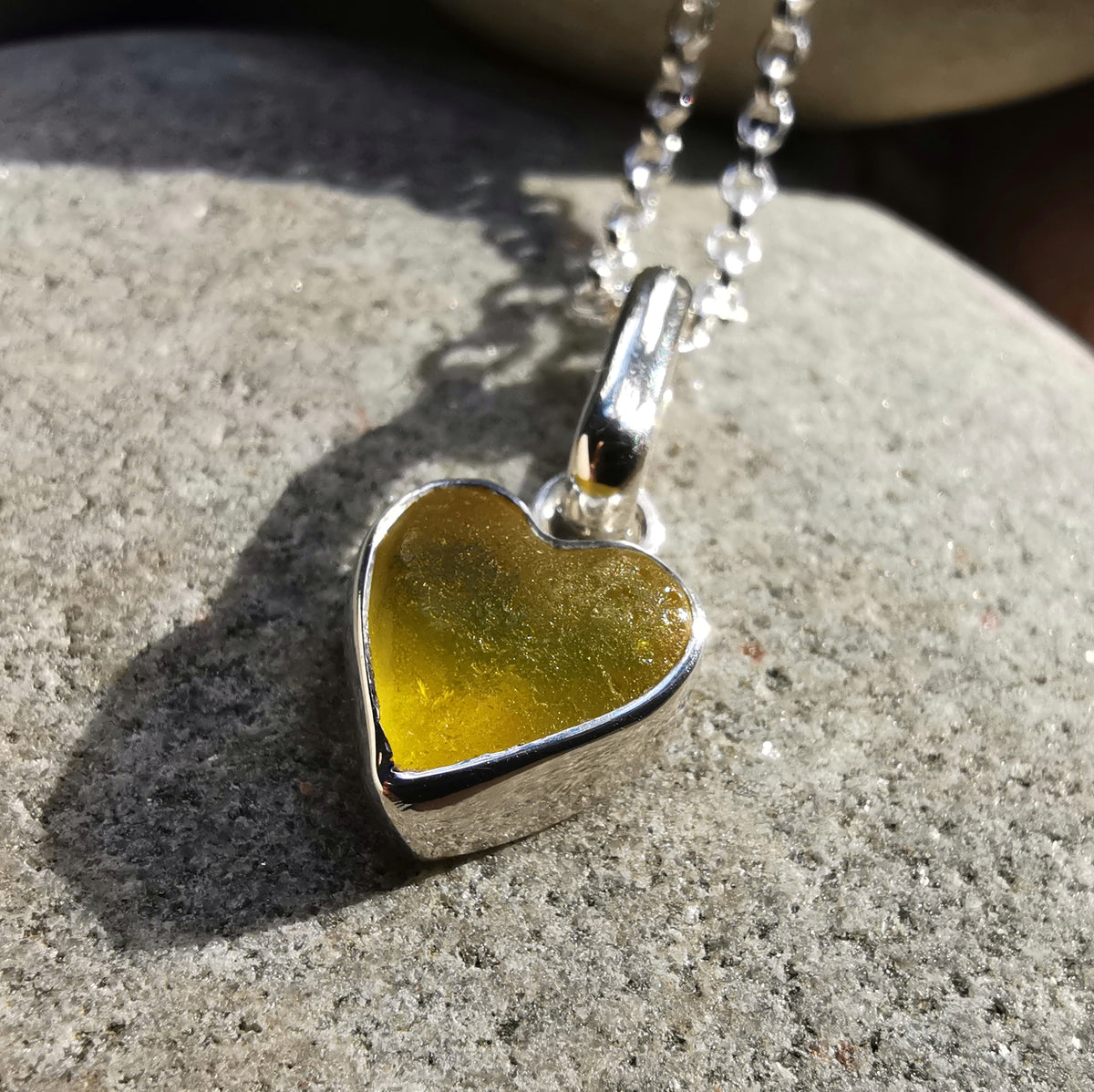 Scottish yellow sea glass heart & sterling silver pendant.