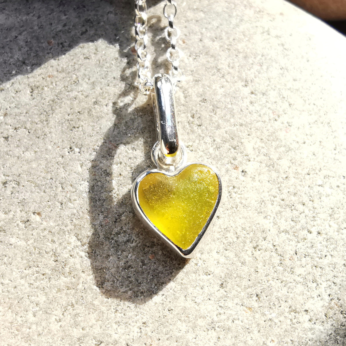 Scottish yellow sea glass heart & sterling silver pendant.