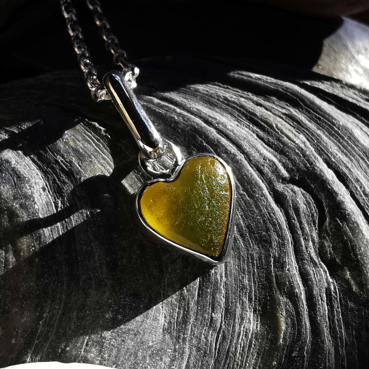 Scottish yellow sea glass heart & sterling silver pendant.