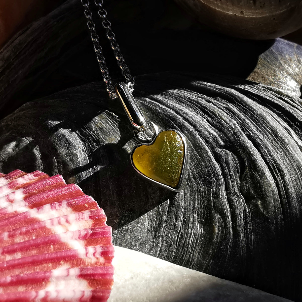 Scottish yellow sea glass heart & sterling silver pendant.