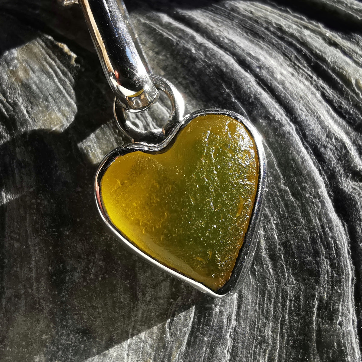 Scottish yellow sea glass heart & sterling silver pendant.