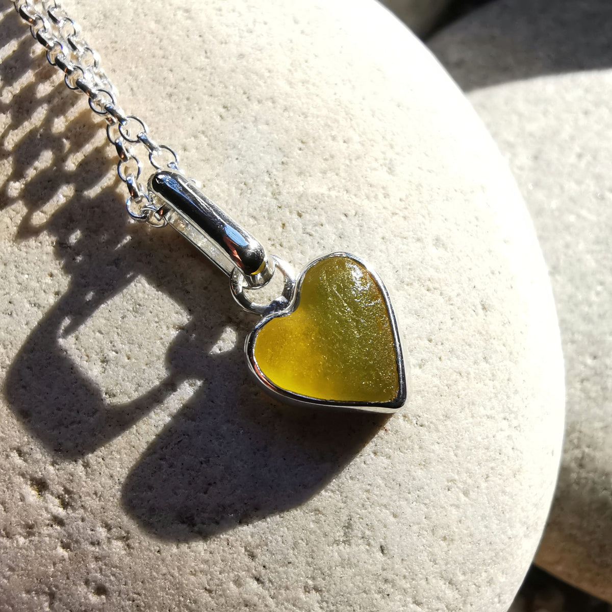 Scottish yellow sea glass heart & sterling silver pendant.