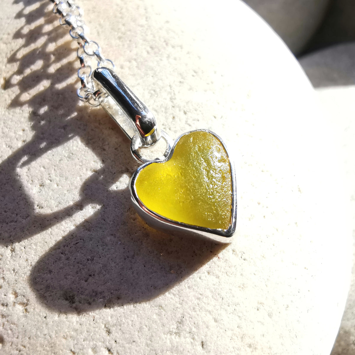 Scottish yellow sea glass heart & sterling silver pendant.