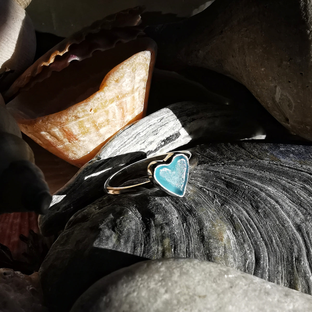 Scottish blue sea glass heart & sterling silver ring size M/6.