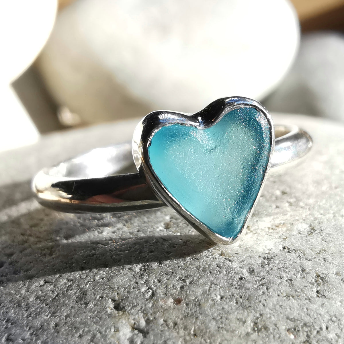 Scottish blue sea glass heart & sterling silver ring size M/6.