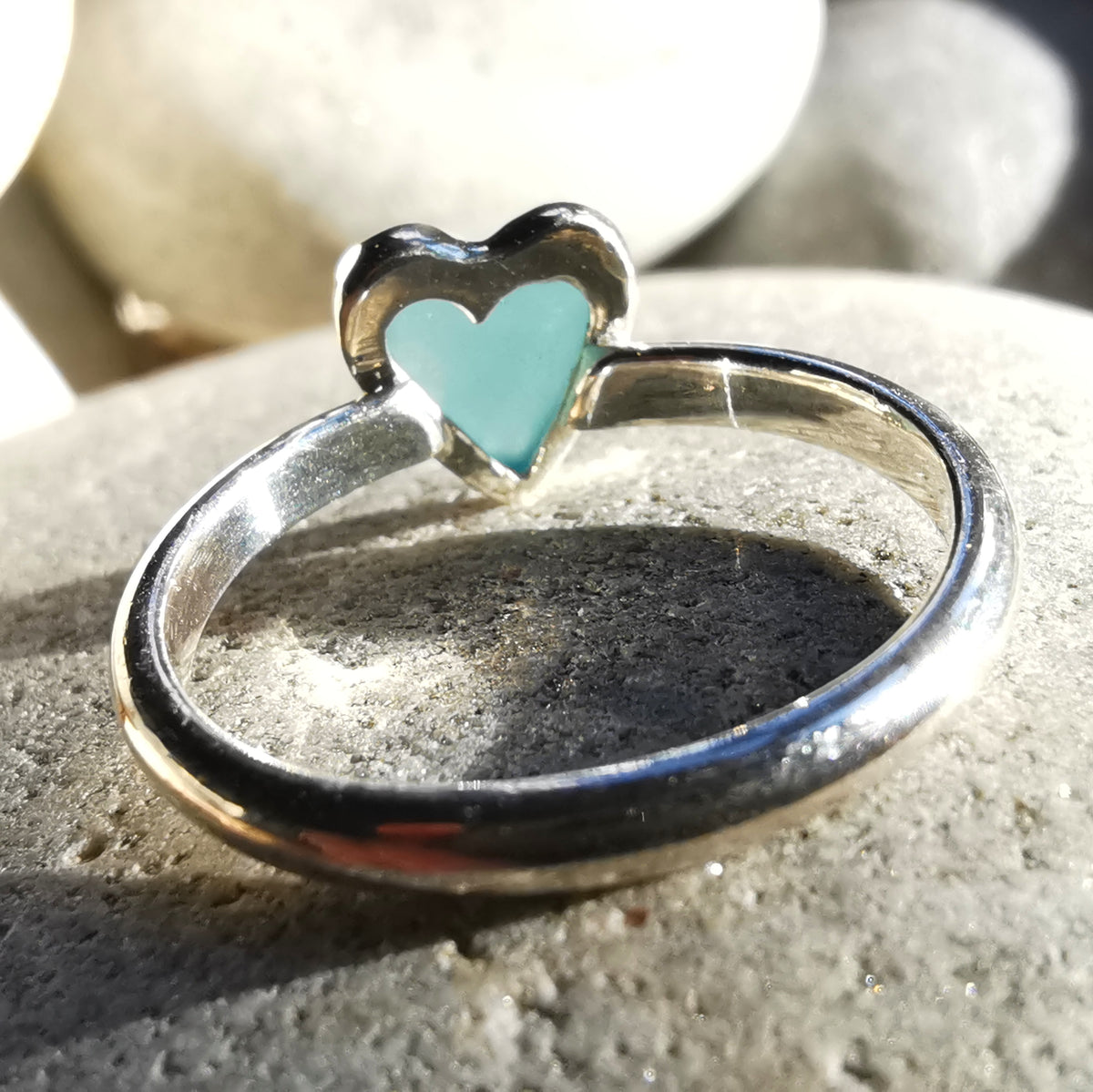 Scottish blue sea glass heart & sterling silver ring size M/6.