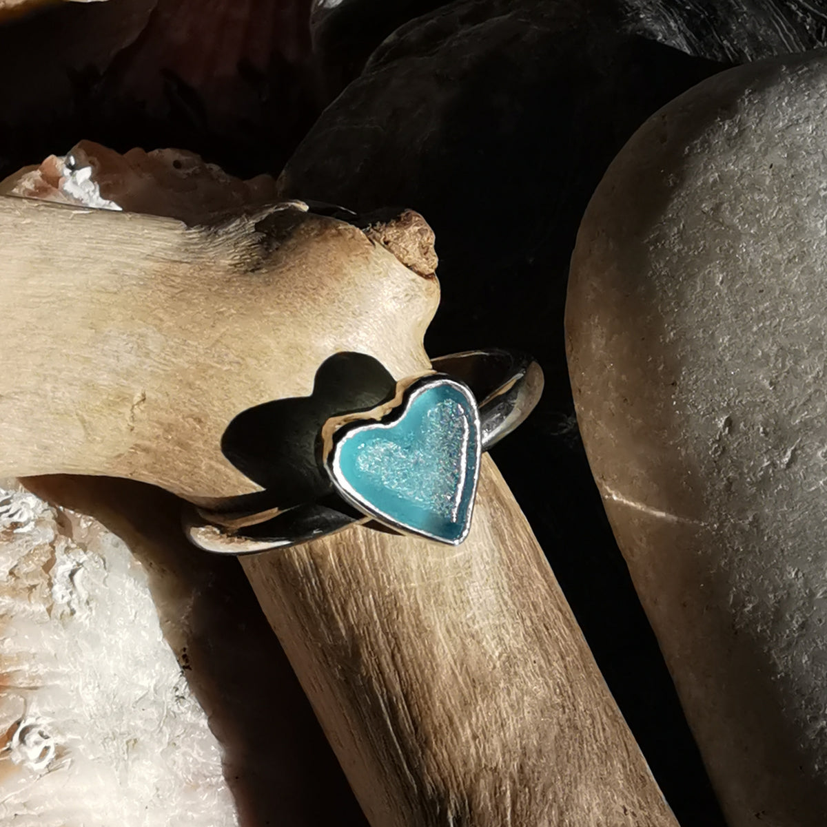 Scottish blue sea glass heart & sterling silver ring size M/6.