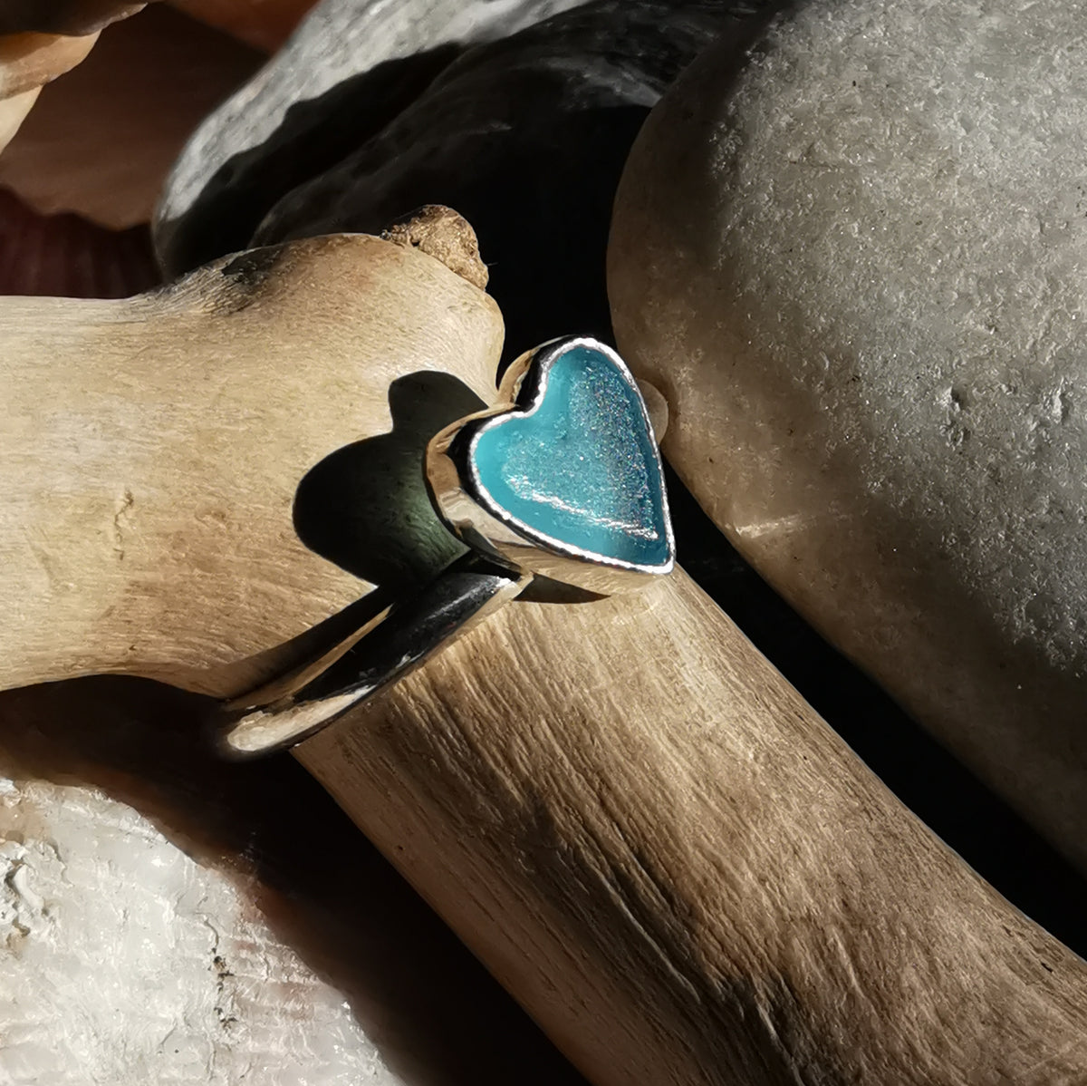Scottish blue sea glass heart & sterling silver ring size M/6.