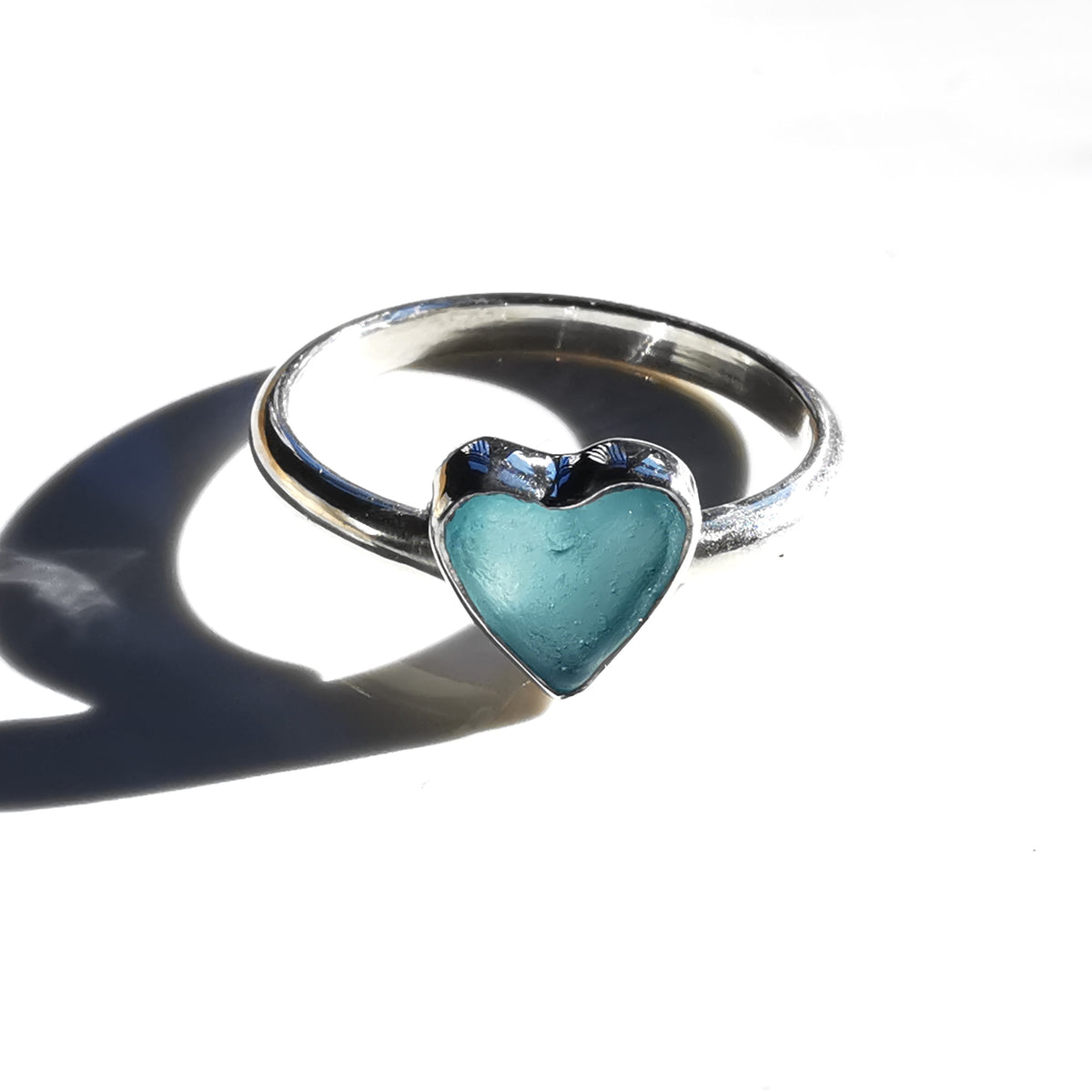 Scottish blue sea glass heart & sterling silver ring size M/6.