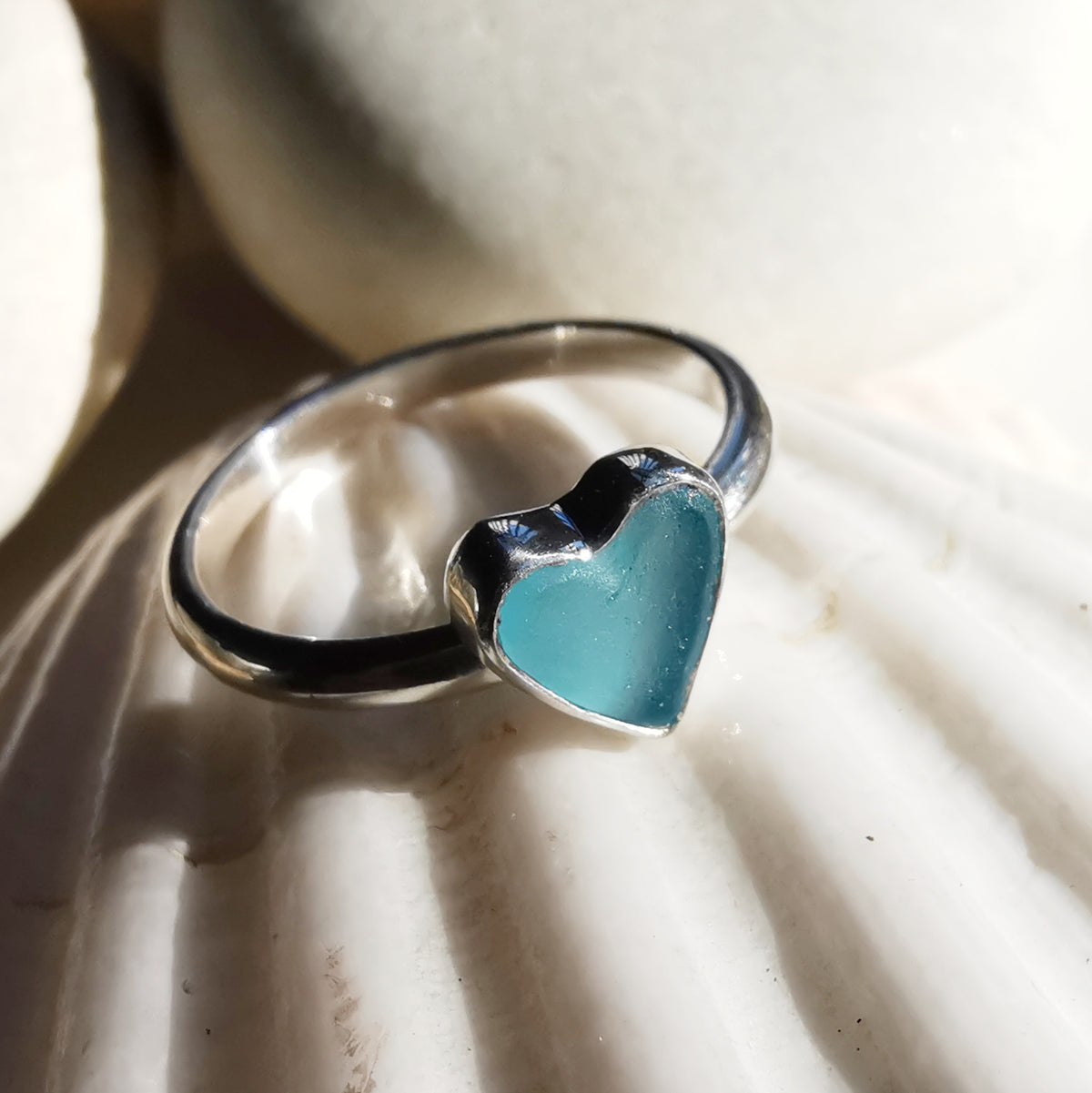 Scottish blue sea glass heart & sterling silver ring size M/6.